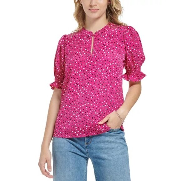 Karl Lagerfeld Hot Pink Hearts Polka Dot Puff Sleeve Blouse Womens Size M Twee - Picture 1 of 9
